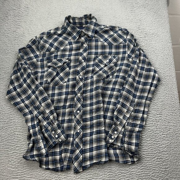 Wrangler Other - Wrangler Pearl Snap Blue Plaid Flannel Button Down Mens Size Large